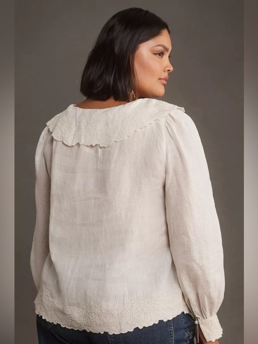 Anthropologie Long Sleeve Embroidered Linen Tie-Front Top L White Bohemian 70s - Picture 2 of 8